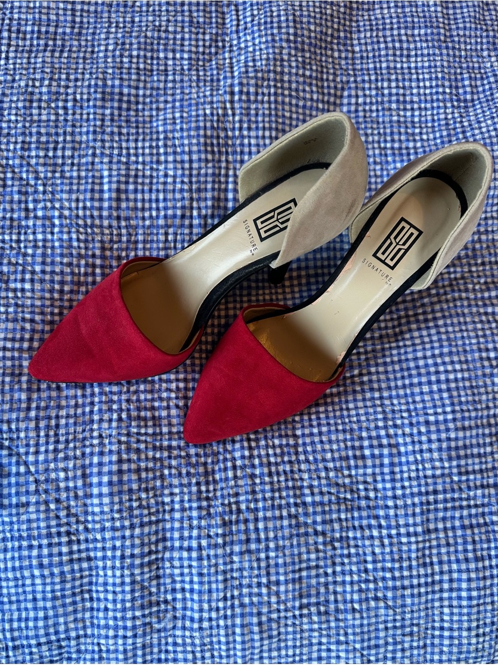 Signature Red and Beige D'Orsay Pointed-Toe Heels